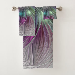 Farbige Blume Power Abstrakt Modernes Fraktal Kuns Badhandtuch Set