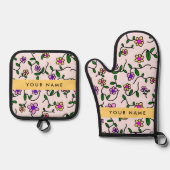 Farbige Blume, rosa Hintergrund, gelb Ofenhandschuh & Topflappen-Set (Vorderseite)