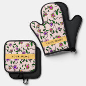 Farbige Blume, rosa Hintergrund, gelb Ofenhandschuh & Topflappen-Set (Vorderseite/Rückseite)