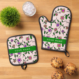 Farbige Blume, rosa Hintergrund, grün Ofenhandschuh & Topflappen-Set