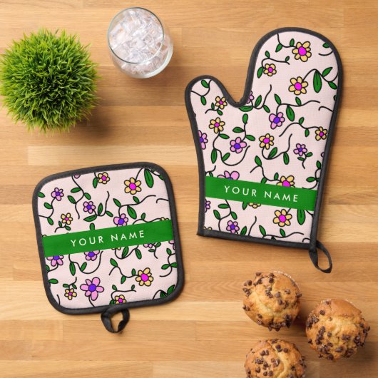 Farbige Blume, rosa Hintergrund, grün Ofenhandschuh & Topflappen-Set (Oben Unten)
