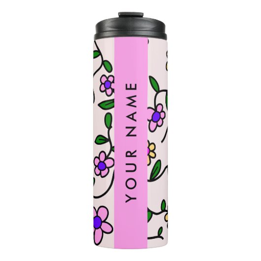 Farbige Blume, rosa Hintergrund, rosa Thermosbecher (Vorderseite)