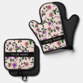 Farbige Blume, rosa Hintergrund, schwarz Ofenhandschuh & Topflappen-Set (Vorderseite/Rückseite)