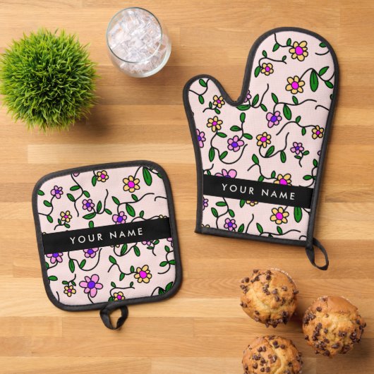 Farbige Blume, rosa Hintergrund, schwarz Ofenhandschuh & Topflappen-Set (Oben Unten)