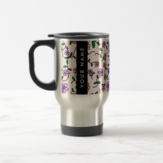 Farbige Blume, rosa Hintergrund, schwarz Reisebecher (Links)