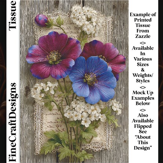 Farbige Blume, Spitzen, rustikales Holz DS5L Decou Seidenpapier