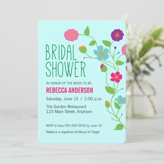 Farbige Blume und Blätter Brautparty Einladung (Stehend Vorderseite)