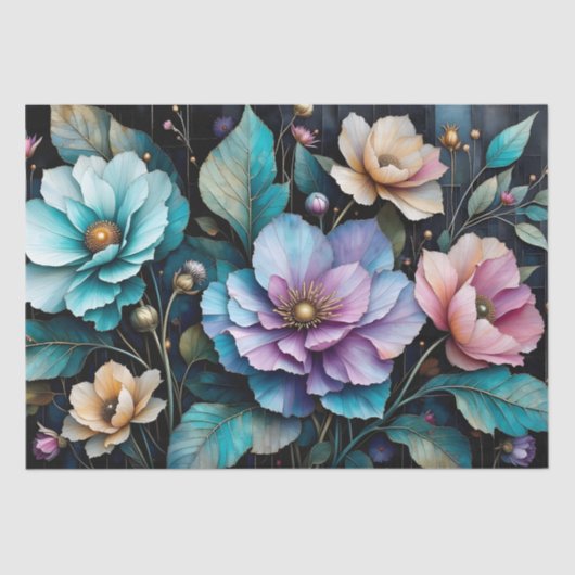 Farbige Blume und Blätter, schwarzer Hintergrund I Seidenpapier (Vorderseite)