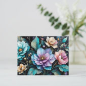Farbige Blume und Blätter, schwarzer Hintergrund Postkarte (Stehend Vorderseite)