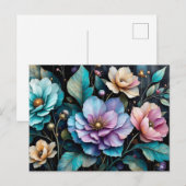 Farbige Blume und Blätter, schwarzer Hintergrund Postkarte (Vorne/Hinten)