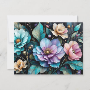 Farbige Blume und Blätter, schwarzer Hintergrund Postkarte