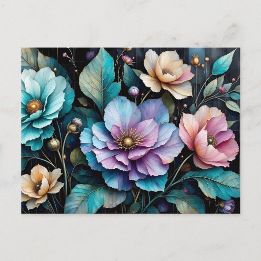 Farbige Blume und Blätter, schwarzer Hintergrund Postkarte (Vorderseite)