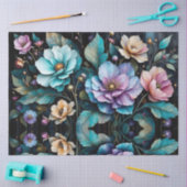 Farbige Blume und Blätter, schwarzer Hintergrund Seidenpapier (Basteln)