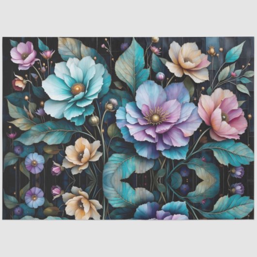 Farbige Blume und Blätter, schwarzer Hintergrund Seidenpapier (Vorderseite)