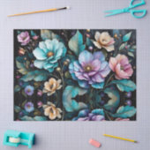 Farbige Blume und Blätter, schwarzer Hintergrund Seidenpapier (Basteln)