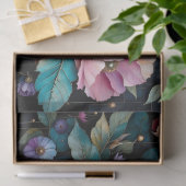 Farbige Blume und Blätter, schwarzer Hintergrund Seidenpapier (Geschenk)