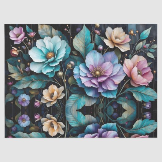 Farbige Blume und Blätter, schwarzer Hintergrund Seidenpapier (Vorderseite)