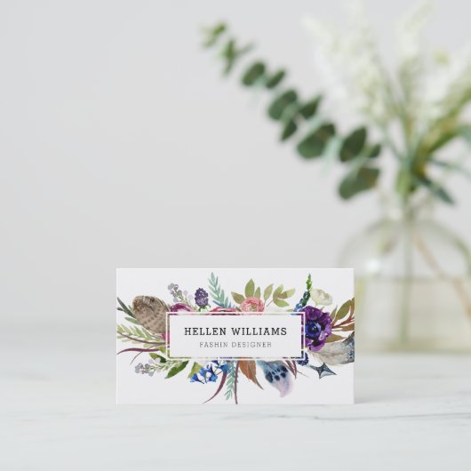 Farbige Blume und Federn Visitenkarte (Stehend Vorderseite)