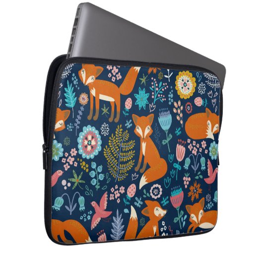 Farbige Blume und Füchse Retro Muster Laptopschutzhülle (Vorne Rechts)