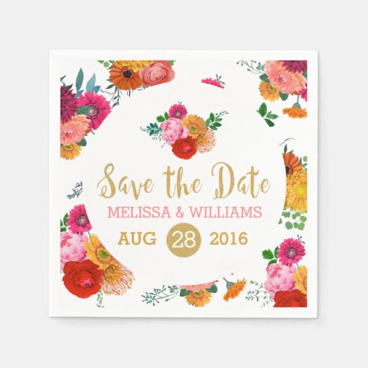 Farbige Blume und Gold Glitzer Save the Date Serviette (Vorderseite)