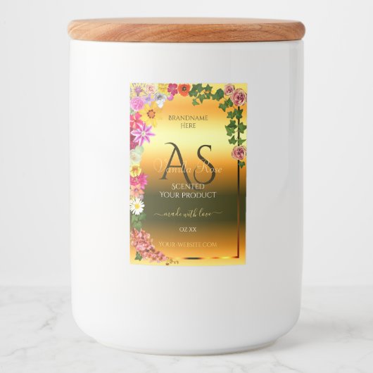 Farbige Blume und Initialen des Orange Product Lab Lebensmitteletikett (Vorderseite)