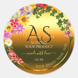 Farbige Blume und Initialen des Orange Product Lab Runder Aufkleber