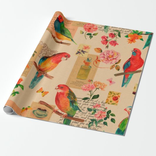Farbige Blume und Papageienmuster Geschenkpapier (Ungerollt)