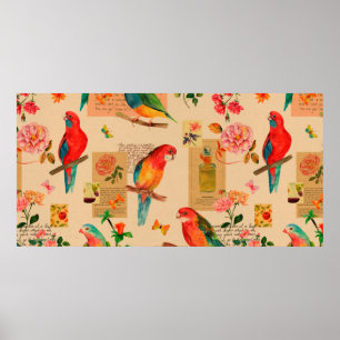 Farbige Blume und Papageienmuster Poster