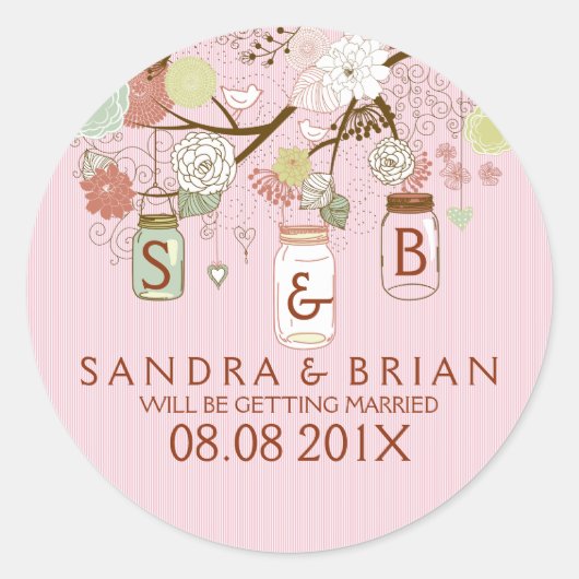 Farbige Blume und rosa Streifen hängen Mason Jar Runder Aufkleber (Vorderseite)