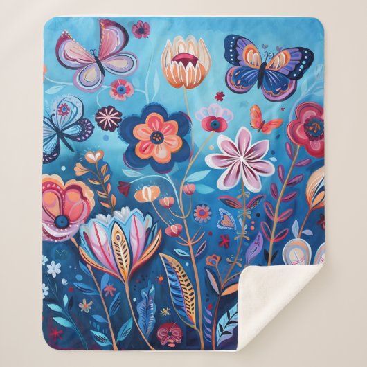Farbige Blume und Schmetterlinge Sherpa Blanket Sherpadecke (Vorderseite)