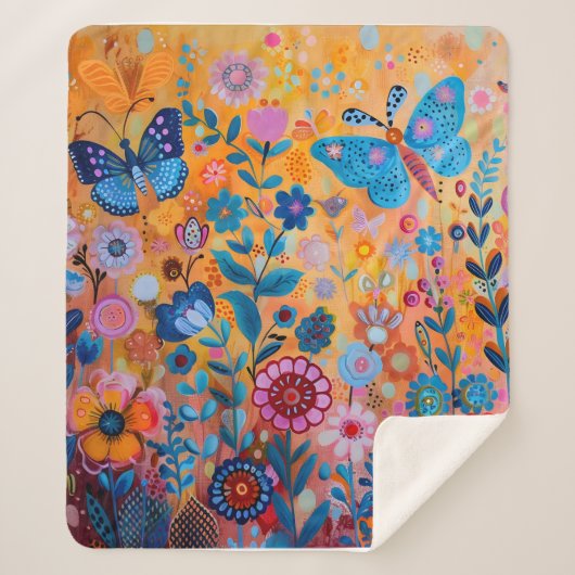Farbige Blume und Schmetterlinge Sherpa Blanket Sherpadecke (Vorderseite)