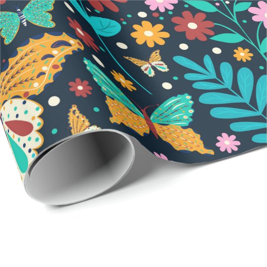 Farbige Blume und Schmetterlingsmuster Geschenkpapier (Rolleneckpunkt)