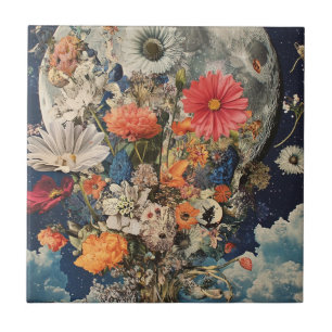 Farbige Blume unter Vollmond Fliese