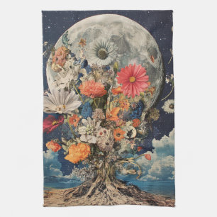 Farbige Blume unter Vollmond Geschirrtuch