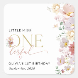 Farbige Blume, Wildblumen, erster Geburtstag Quadratischer Aufkleber