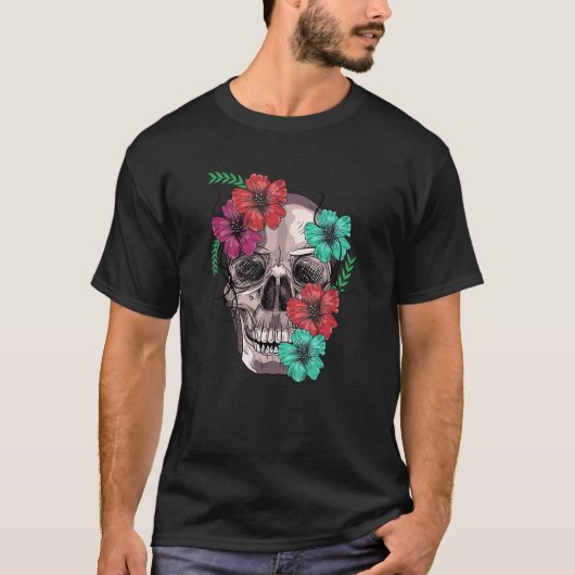 Farbige Blume Zucker und Blumenschädel T-Shirt (Vorderseite)