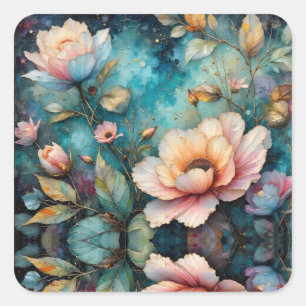 Farbige Blumen Blätter und Himmel Quadratischer Aufkleber