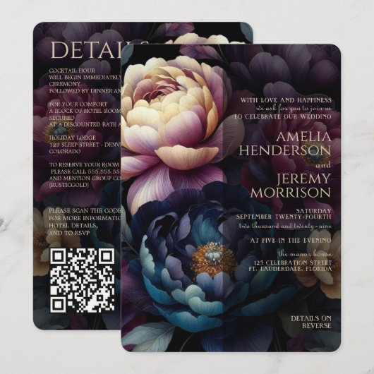 Farbige Blumen mit QR-Code in düsterer Stimmung Einladung (Vorne/Hinten)
