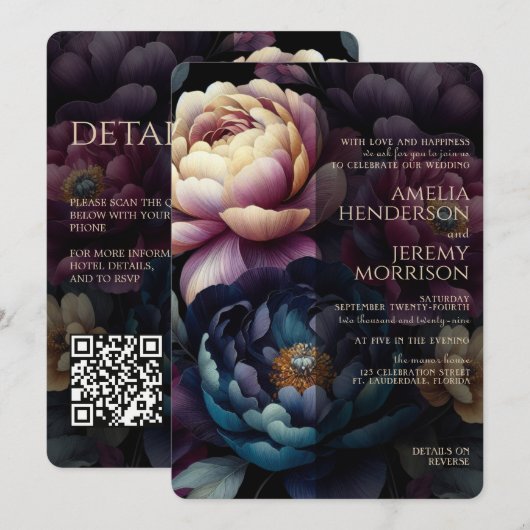 Farbige Blumen mit QR-Code in düsterer Stimmung Einladung (Vorne/Hinten)