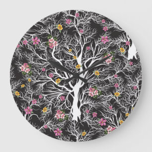 Farbige Blumen: Nahtloser schwarzer Baum Große Wanduhr