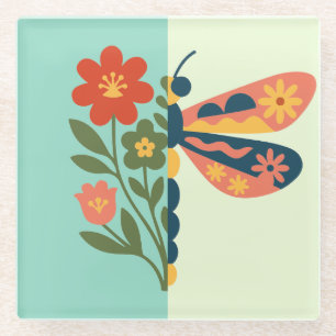 Farbige Blumen- und Schmetterlings-Grafikdesign Glasuntersetzer