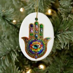 Farbige Blumenblüten Türkis Drittes Auge Hamsa Keramik Ornament
