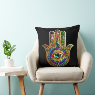 Farbige Blumenblüten Türkis Drittes Auge Hamsa Kissen