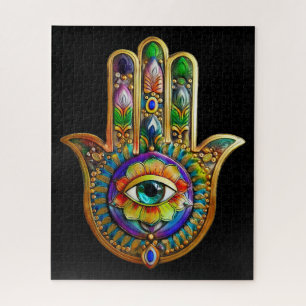 Farbige Blumenblüten Türkis Drittes Auge Hamsa Puzzle
