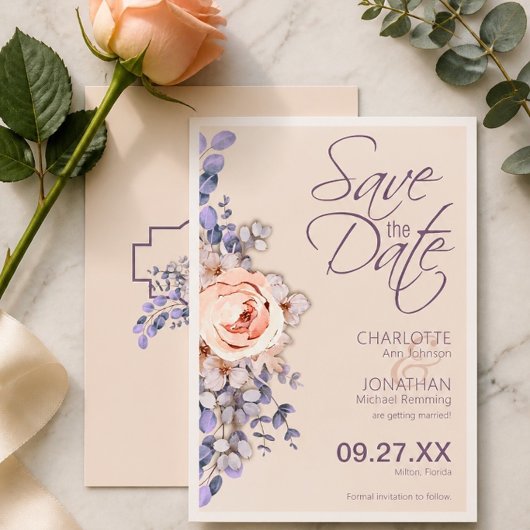 Farbige Blumenhochzeit Peach Save the Date Card