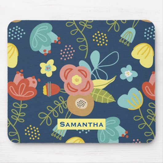 Farbige Blumenmuster Dunkelblau Personalisiert Mousepad (Vorne)