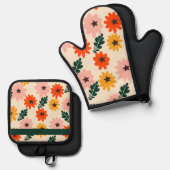 Farbige Blumenmuster Ofenhandschuh & Topflappen-Set (Vorderseite/Rückseite)