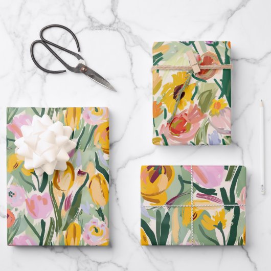 Farbige Blumenspalte und Sonnenblumen Geschenkpapier Set (Vorderseite)