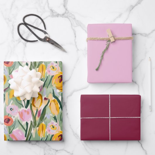 Farbige Blumenspalte und Sonnenblumen Geschenkpapier Set (Vorderseite)