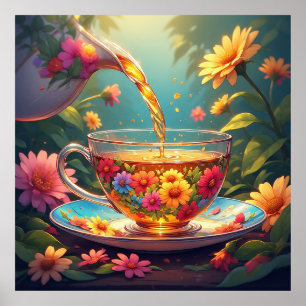 Farbige Blumenteetasse mit aufgießendem Kräutertee Poster